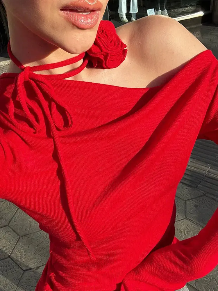 2024 Spring Summer Red Elegant 3d Flower Tops Female Long Sleeve Blouse