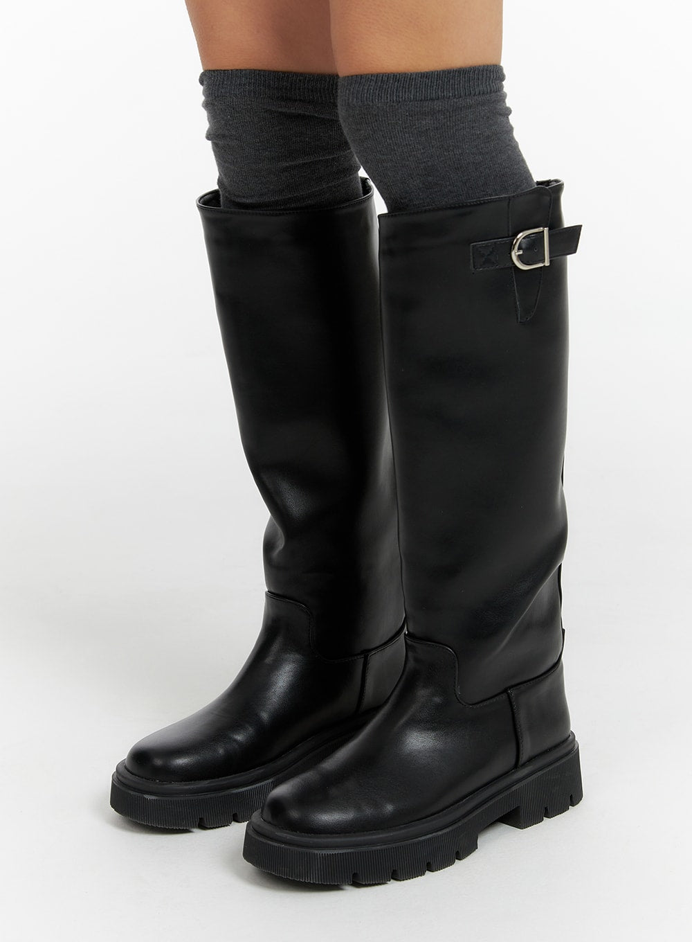 Basic Faux Leather Buckle Knee-High Boots CF416