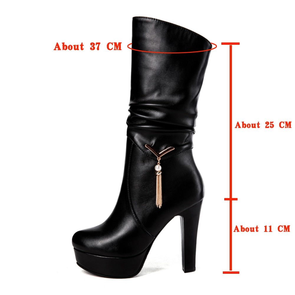 Black Pleated mid-calf Boots High Heels Shoes