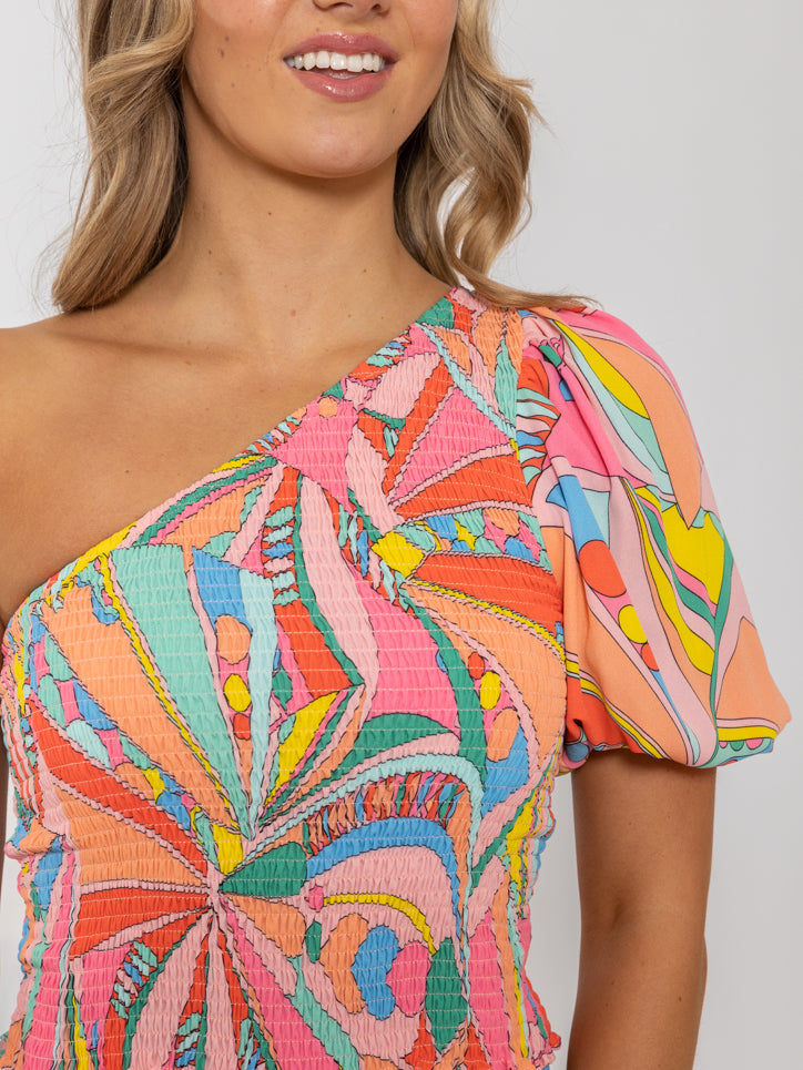 Bright Geometric Smock Top