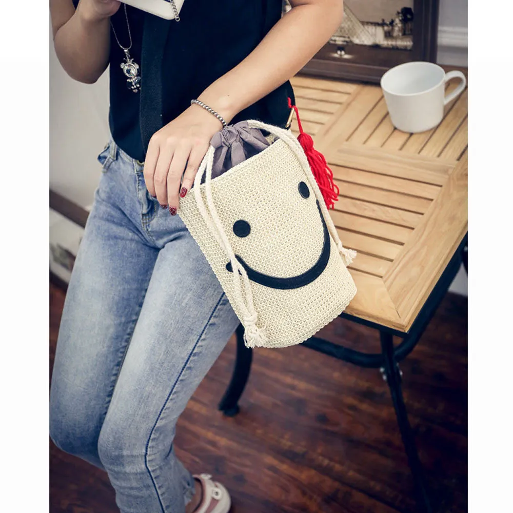 Canvas Women Messenger Bags Smile Larger Capacity Simple Drawstring Bag Shoulder Bags Hbag Shopping Bag