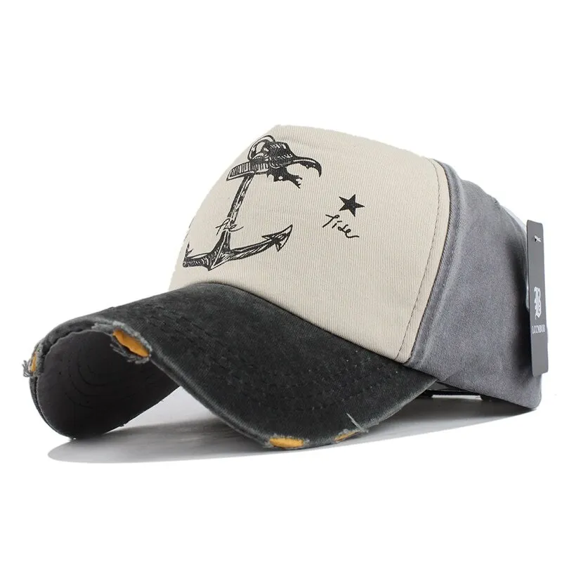 Cotton Baseball Caps With 5 Panels / Fashion Snapback Hats with Ship Anchor Print