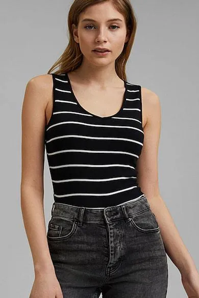 Esprit Organic Cotton V-Neck Basic Stripe Tank in Black