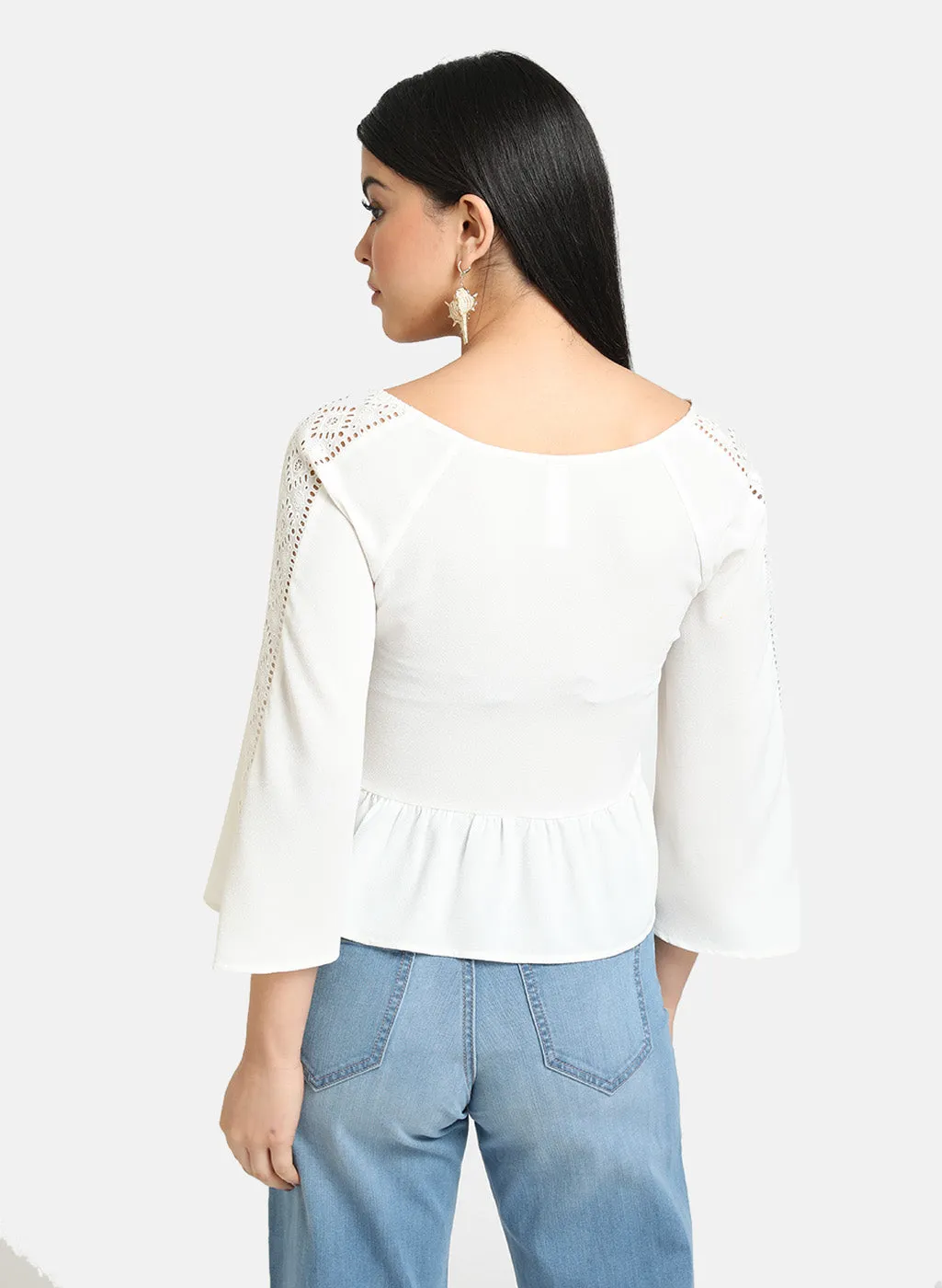 Front Knot Top With Schiffli Detail At Sleeve