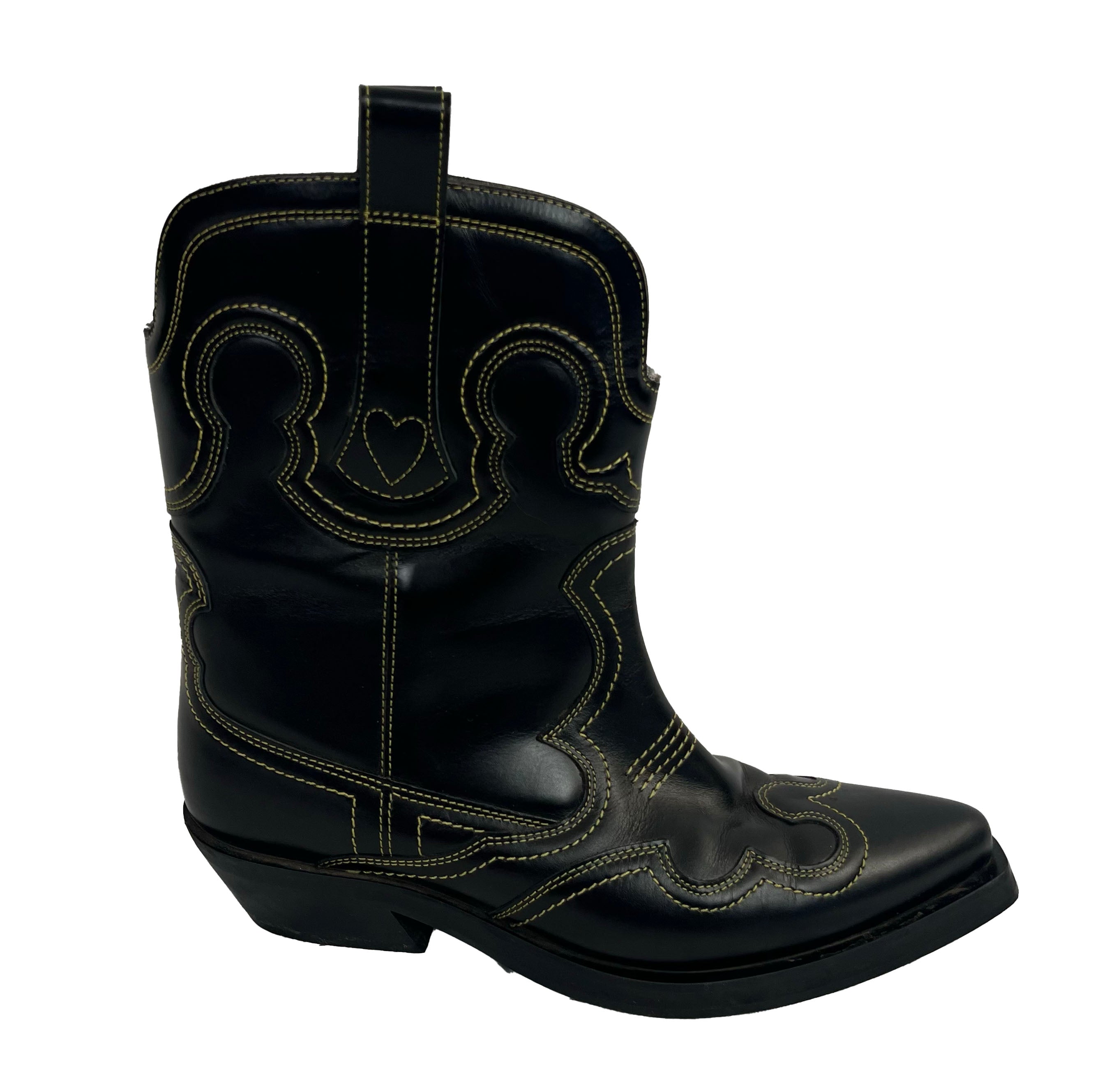 Ganni  445 Black & Yellow Low Shaft Embroidered Western Boots 39