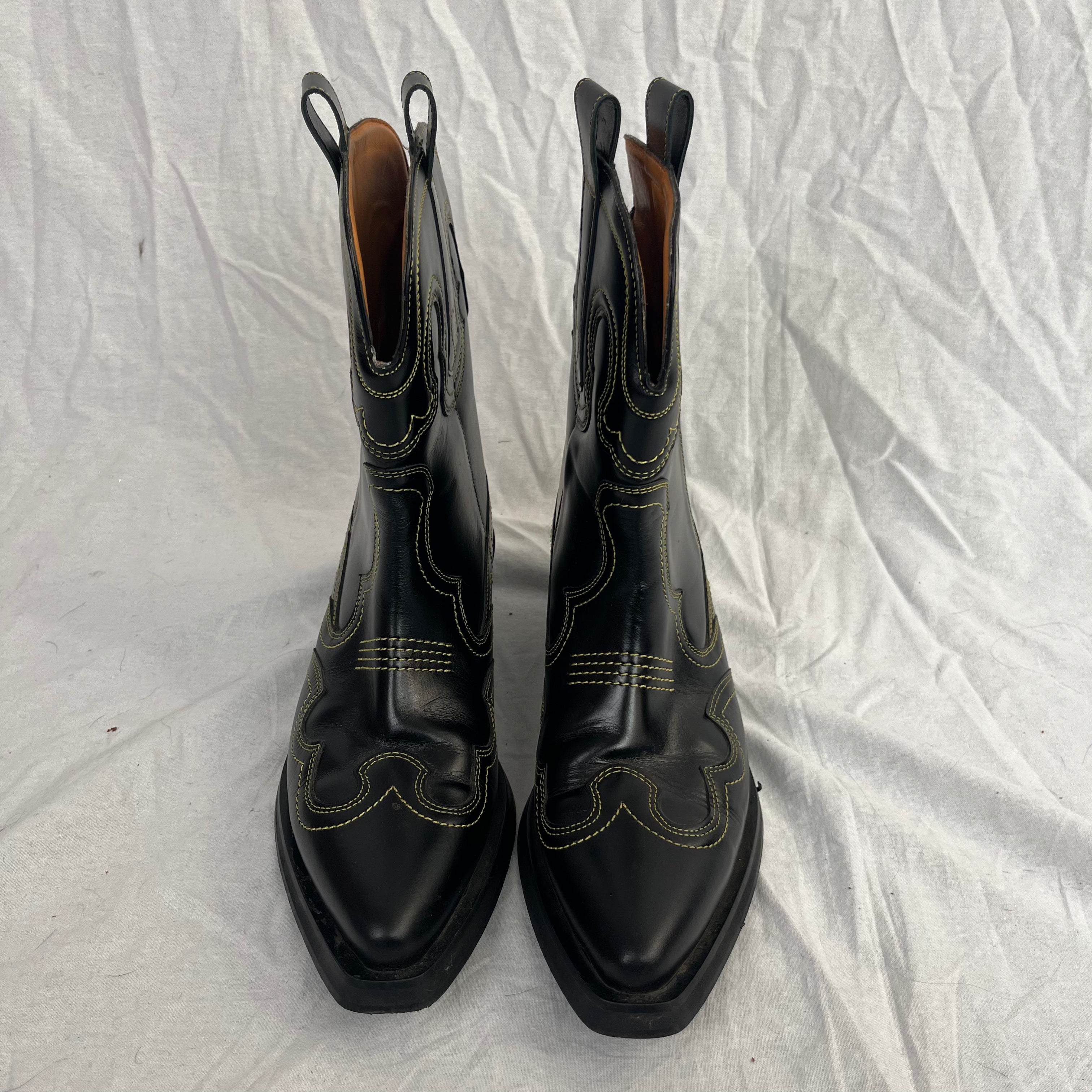 Ganni  445 Black & Yellow Low Shaft Embroidered Western Boots 39