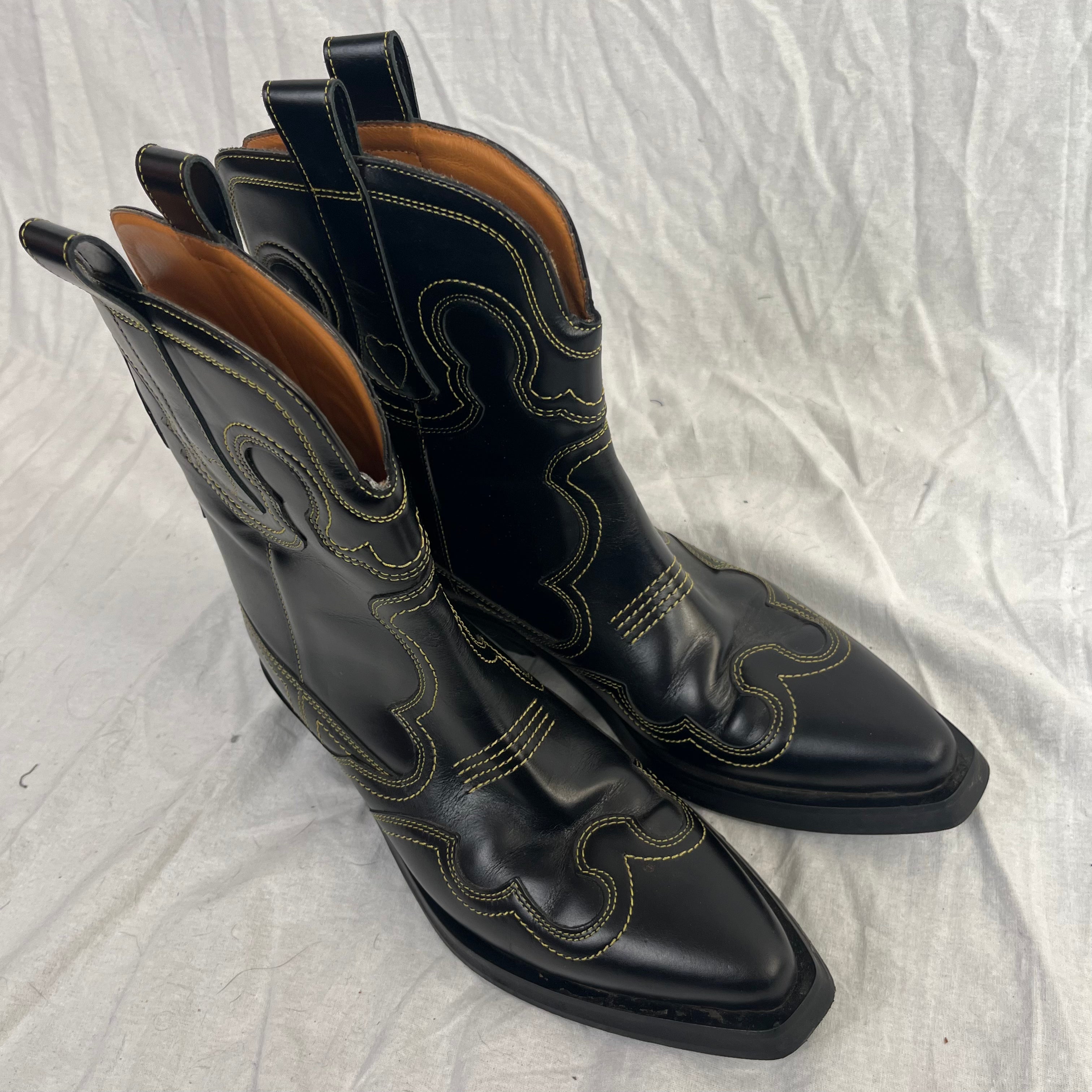 Ganni  445 Black & Yellow Low Shaft Embroidered Western Boots 39