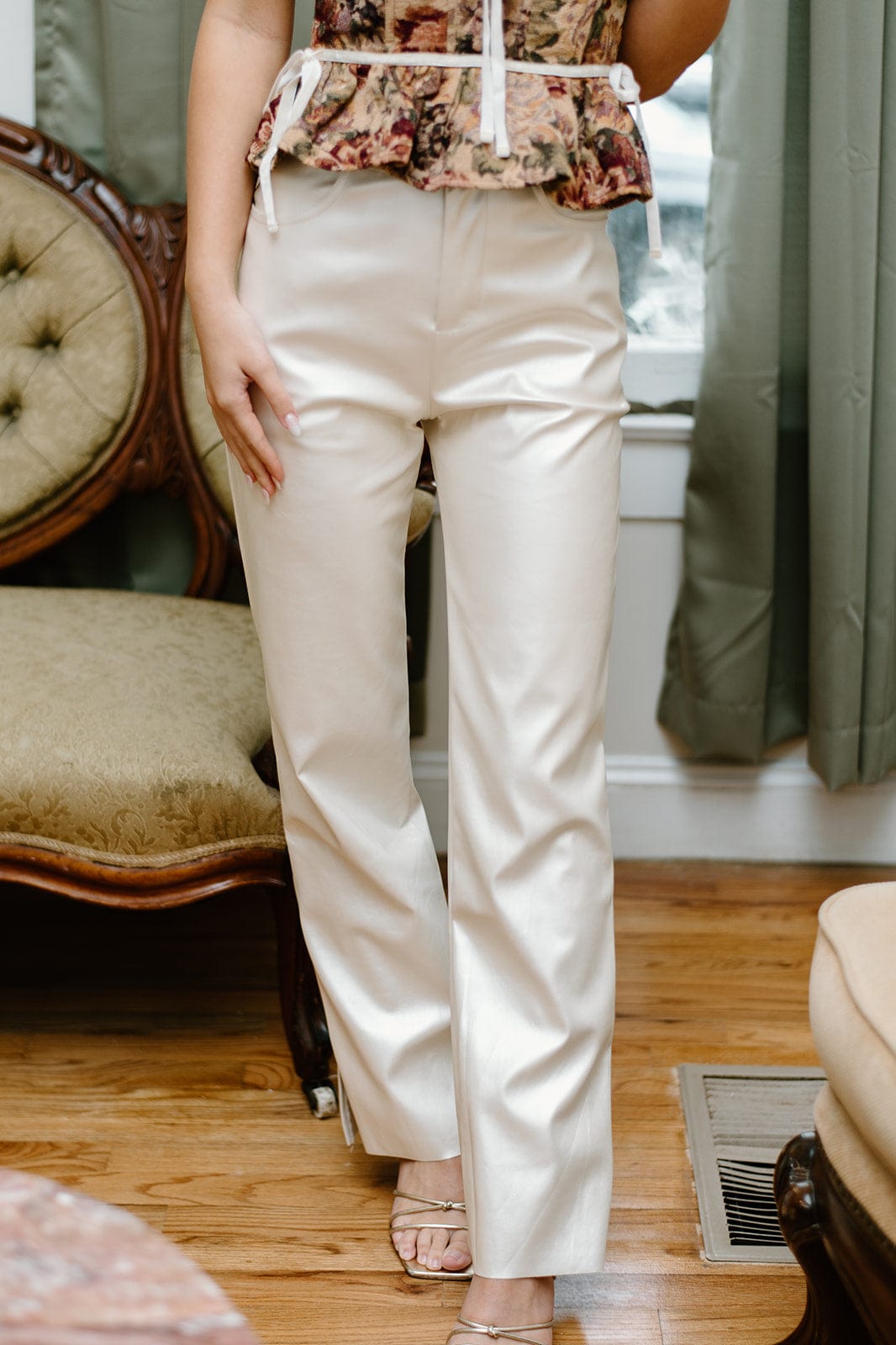 Ivory Metallic Faux Leather Pants