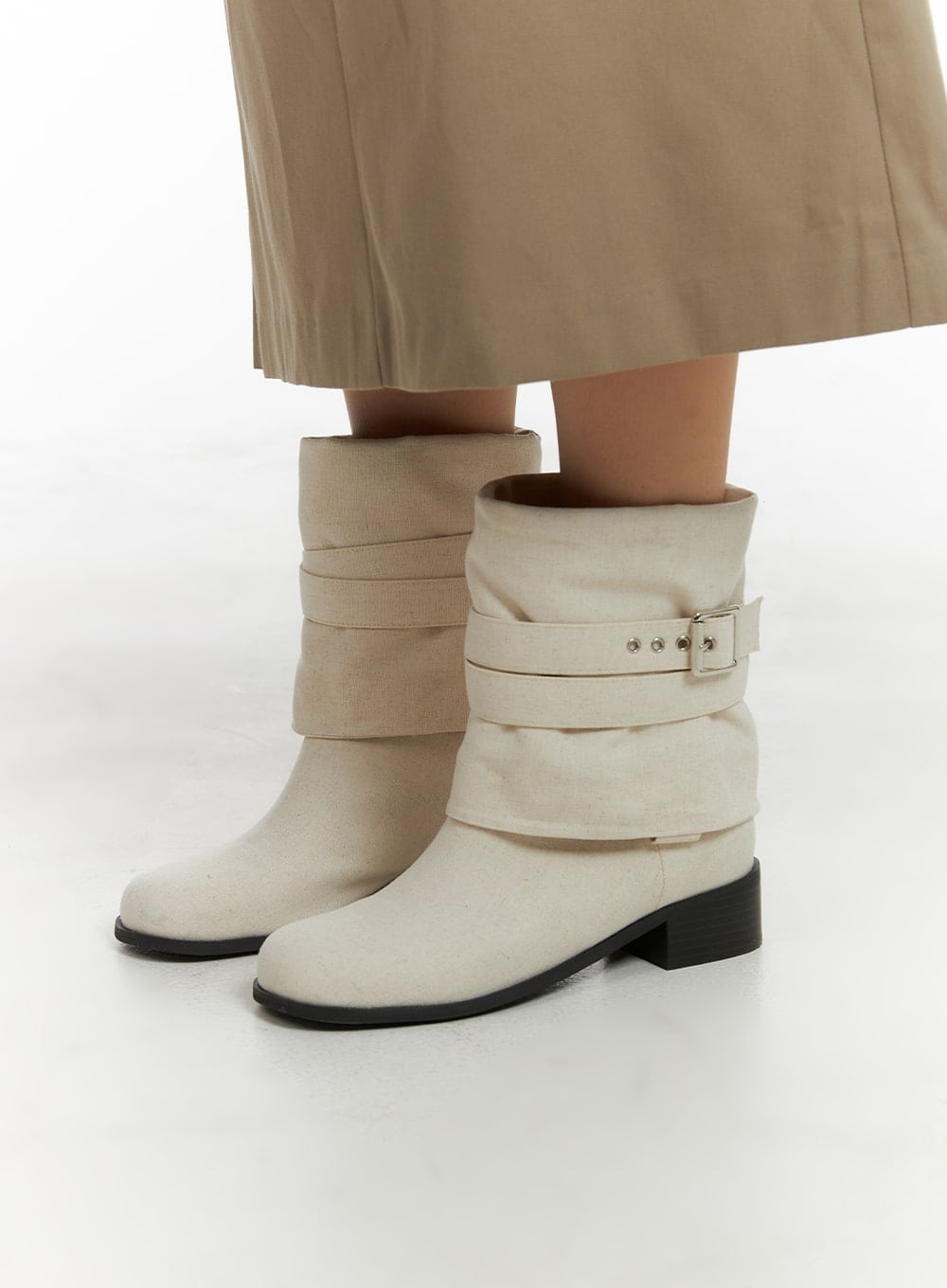 Linen Buckle Midi Boots CM422