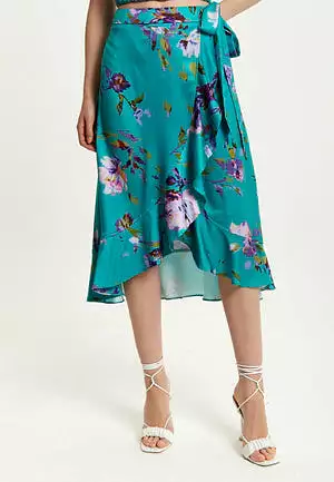 Liquorish Green Floral Print Midi Wrap Skirt