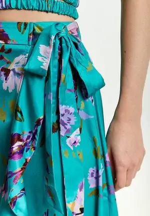 Liquorish Green Floral Print Midi Wrap Skirt