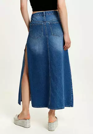 Liquorish Polka Dot Maxi Denim Skirt