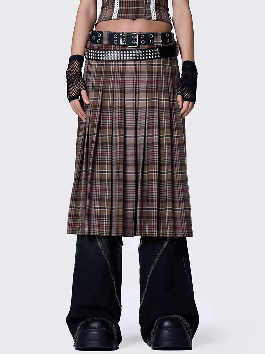 NENNA PLEATED TARTAN MIDI SKIRT