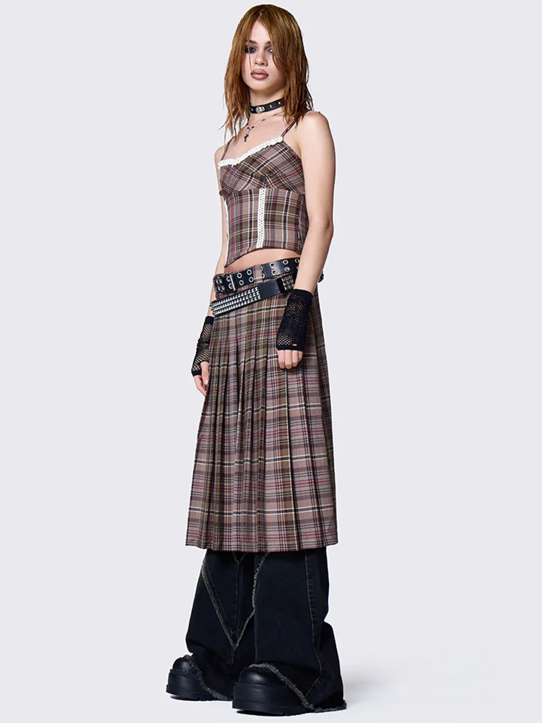 NENNA PLEATED TARTAN MIDI SKIRT