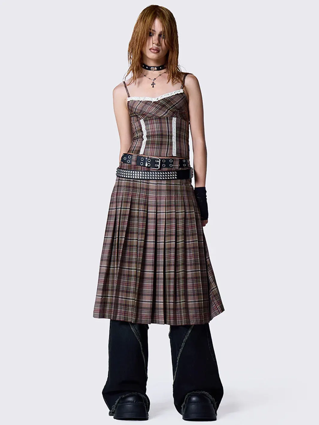 NENNA PLEATED TARTAN MIDI SKIRT