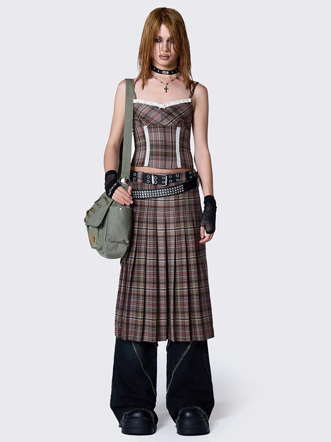 NENNA PLEATED TARTAN MIDI SKIRT