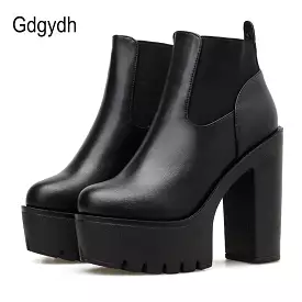 New Black Leather Boots Spring Autumn Basic Solid Color Ladies High Heeled Shoes Platform Square Heel Model Party