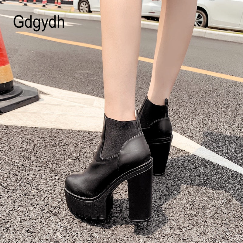 New Black Leather Boots Spring Autumn Basic Solid Color Ladies High Heeled Shoes Platform Square Heel Model Party