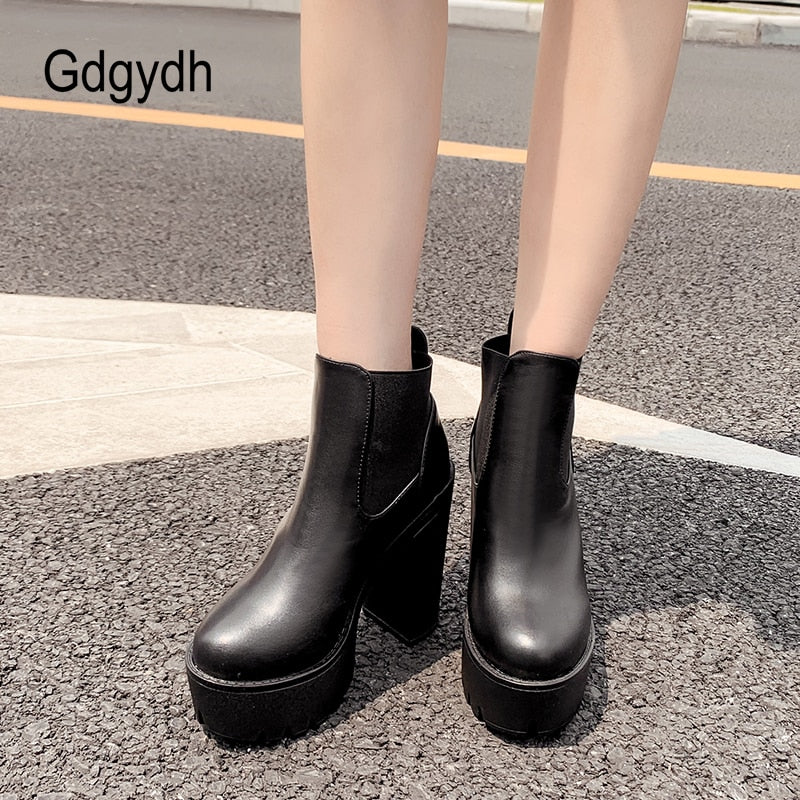 New Black Leather Boots Spring Autumn Basic Solid Color Ladies High Heeled Shoes Platform Square Heel Model Party