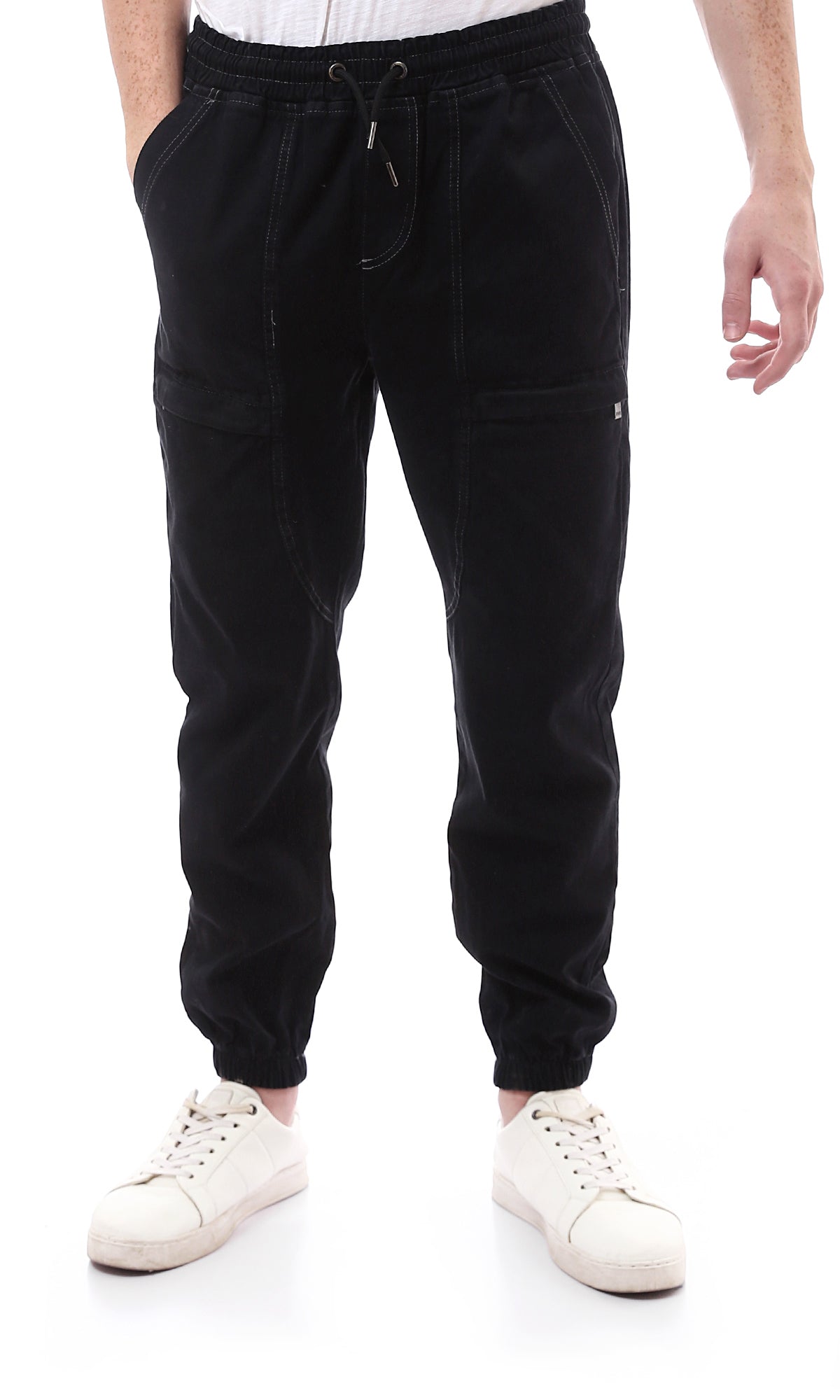 O168513 Elastic Waist With Drawstring Black Jogger Pants