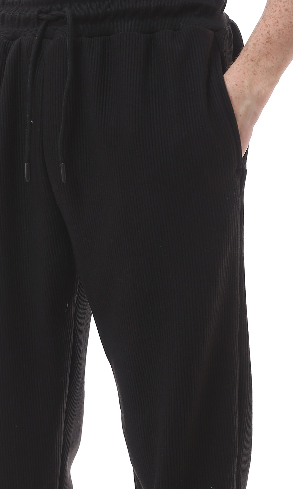 O176390 Casual Black Cotton Ribbed Jogger Pants