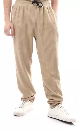 O176391 Sand Beige Ribbed Jogger Pants With Elastic Waist