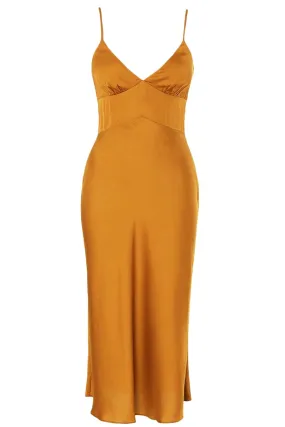 OCHRE SATIN MIDI DRESS