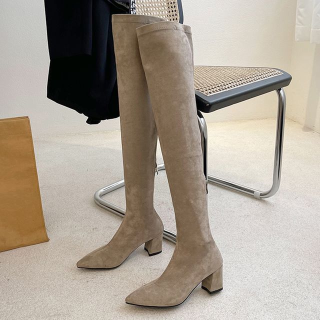 Pointy-Toe Plain Chunky Heel Over-The-Knee Boots cc13