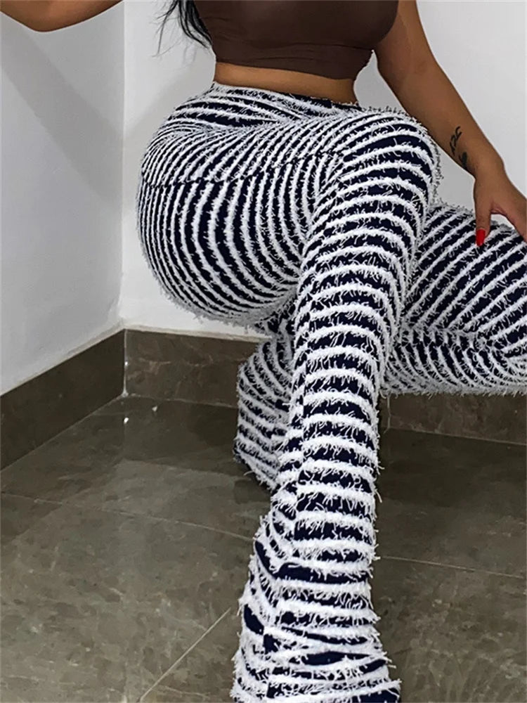 Striped Fluffy Stacked Pants Causal Sporty Leggings Skinny Stretchy Slim Fit Pants