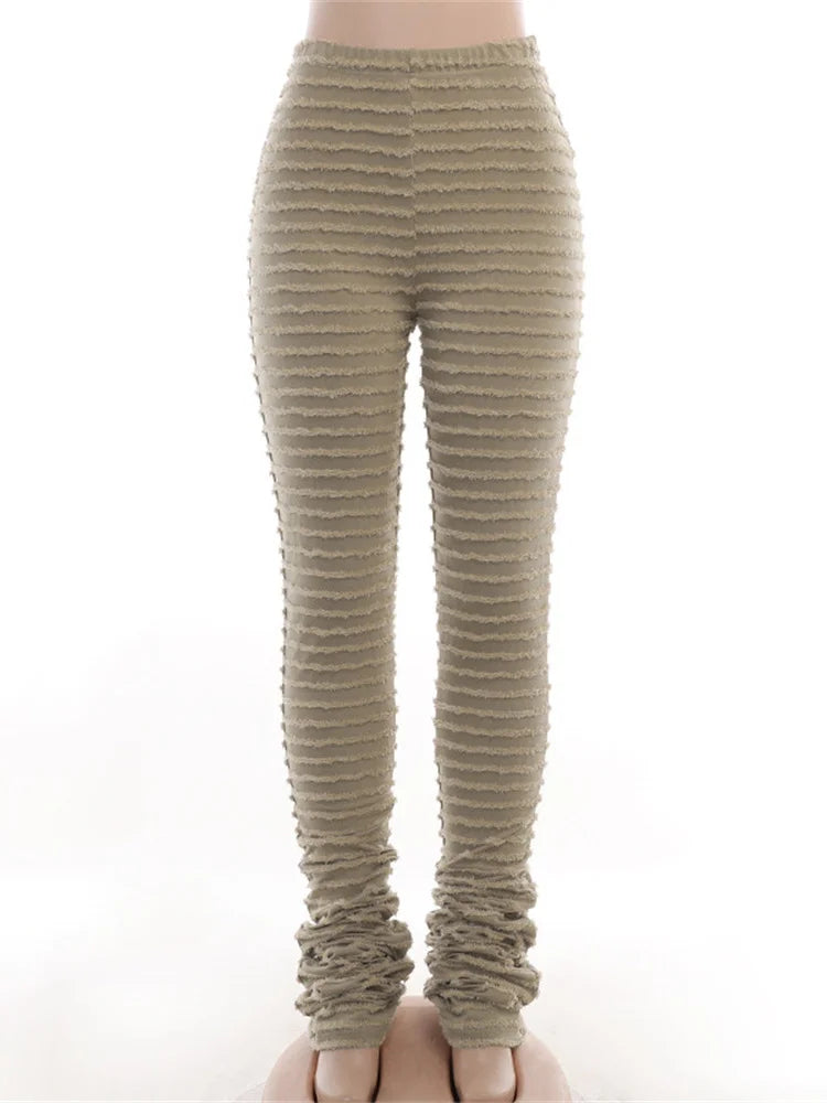 Striped Fluffy Stacked Pants Causal Sporty Leggings Skinny Stretchy Slim Fit Pants