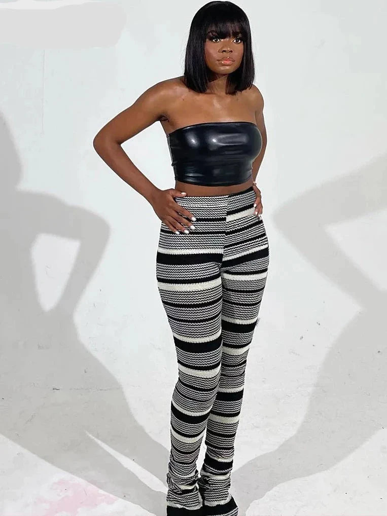 Striped Knit Ribbed Ruched Flare Legging Pants INS Active Sport Stretch High Waist Stacked Trousers