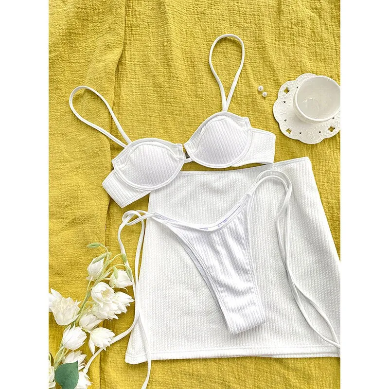 Three Piece Bikini Sets Women Swimsuit Sexy White Mujer Bikini Bandage Swimwear Women Thong Cover Up Swimsuits Beach Wear