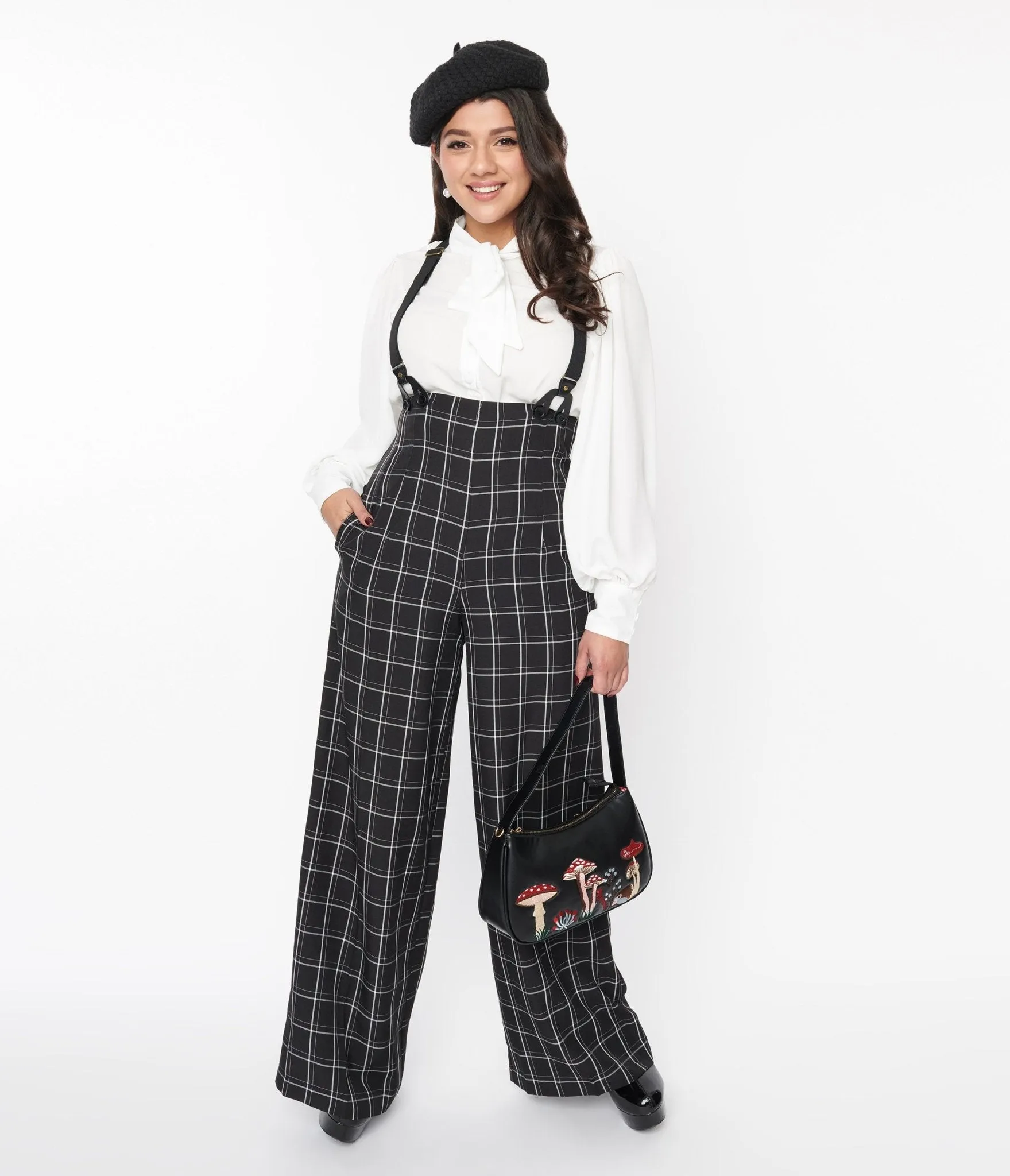 Unique Vintage 1930s Black Windowpane Plaid High Waist Suspender Trouser