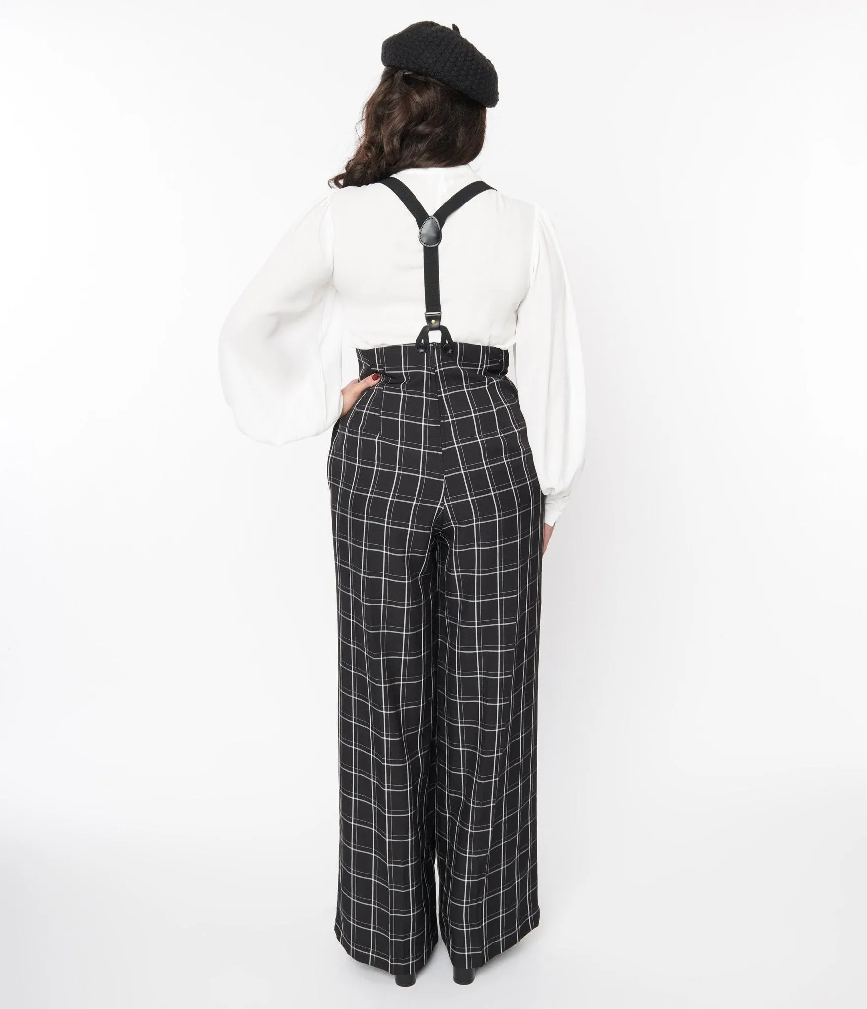 Unique Vintage 1930s Black Windowpane Plaid High Waist Suspender Trouser